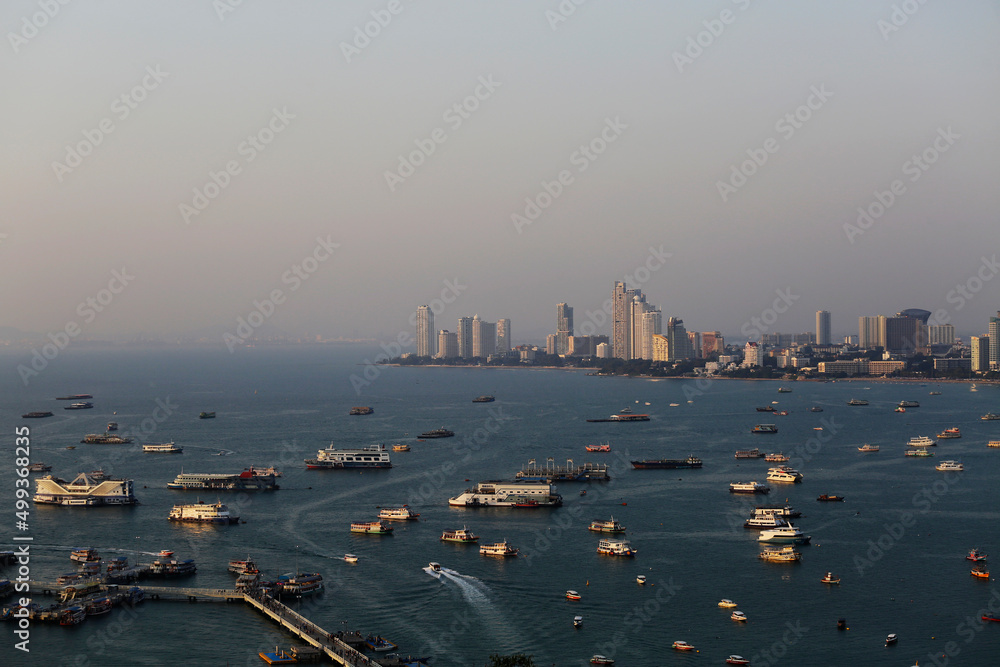 Naklejka premium Aerial panoramic view of Pattaya bay, a coastal touristic city near Bangkok, Thailand, during a hot afternoon.