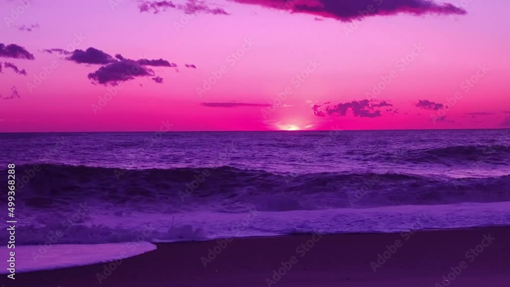 Spectacular pink purple sunset over ocean, waves breaking on beach. Amazing  scene of sunset. Sunset Sky Natural Background. Sunrays, ray, Dramatic Sky.  Stock Video | Adobe Stock