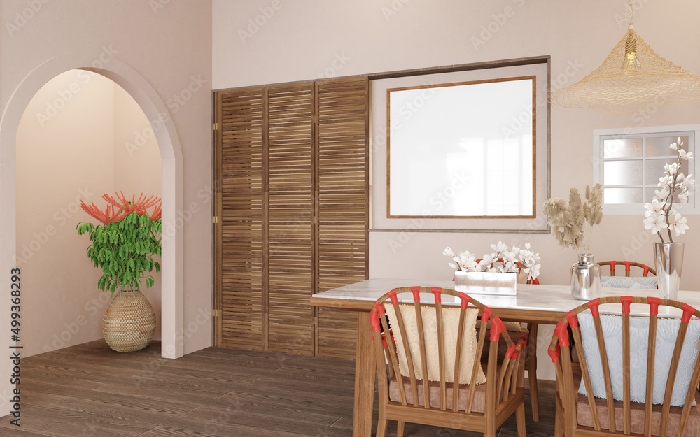 Fototapeta premium Mockup poster frame, cozy modern cream tone dining room interior background, 3d render