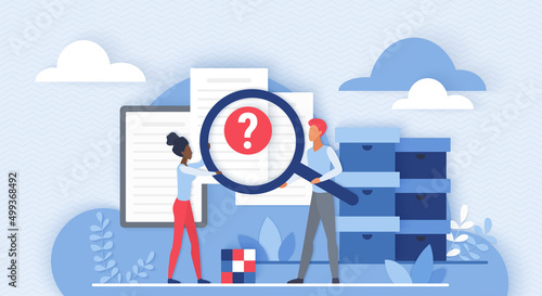 Online search of information, cloud organization and analytics. Tiny people work with magnifying glass on archive folders of documents flat vector illustration. Library cloud service, internet concept