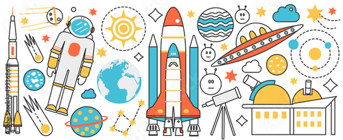 Rocket launch and space science technology. Astronaut in suit, satellite, ufo ship and astronomy objects fly in cosmos with planet and comet meteor in infographic concept banner, thin line art design