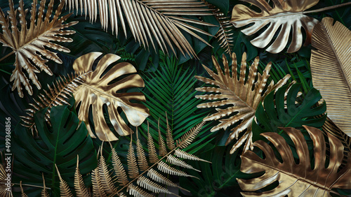 Fototapeta Naklejka Na Ścianę i Meble -  Creative nature gold and green background. tropical leaf banner or floral jungle pattern concept.