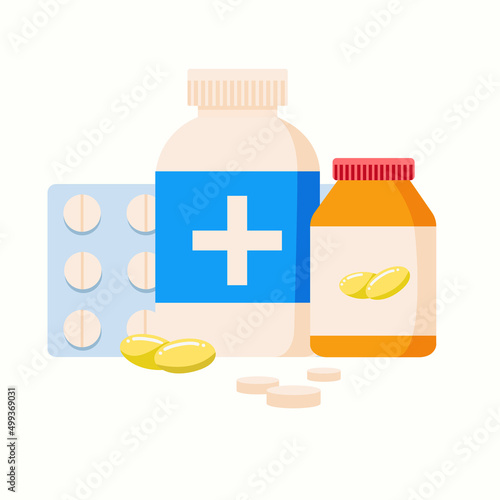 Medicine bottle with pills, capsules, blister with pills. Flat vector illustration. Set.