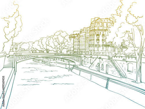 Nice view of old Paris, Notre Dame de Paris and river Seine. Paris, France. Hand drawn sketch. Line art. Ink drawing. Colorful vector background on white. For illustration and romantic Postcards.