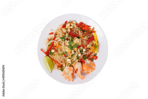 Stir-fried vermicelli with shrimp on white background, Thai food 