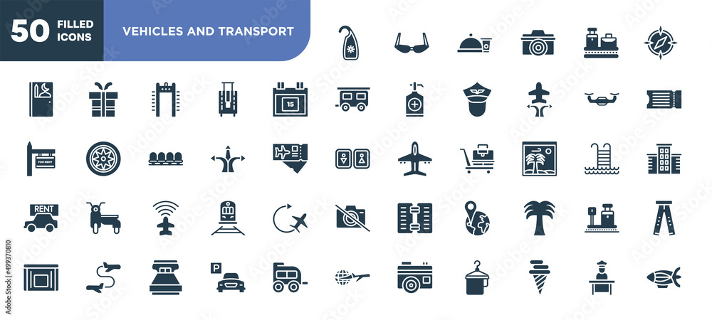 set of 50 filled vehicles and transport icons. editable glyph icons collection such as hang, calendar day 15, directions arrows, airport flight info, position, parking hotel, airport worker vector set of 50 filled vehicles and transport icons. editable glyph icons collection such as hang, calendar day 15, directions arrows, airport flight info, position, parking hotel, airport worker vector