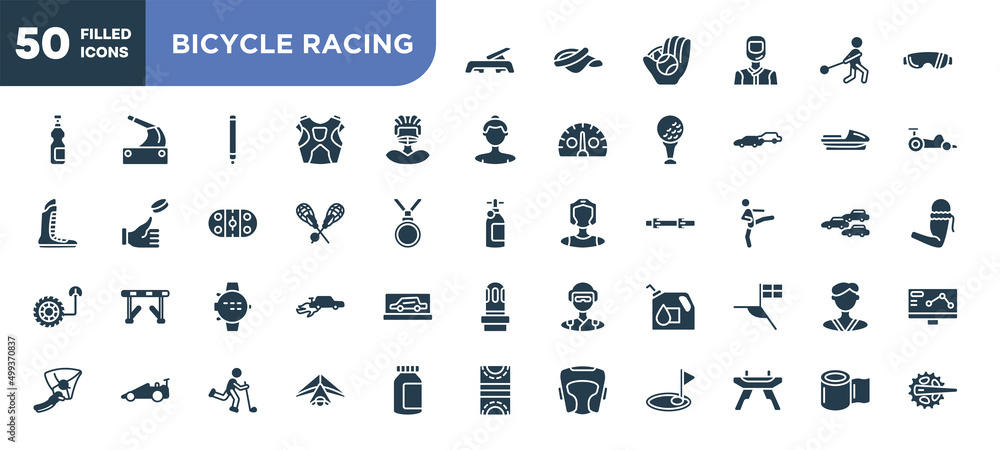 set of 50 filled bicycle racing icons. editable glyph icons collection such as fitness step, rugby player, lacrosse, dive computer, oil down, hang gliding, elastic handwraps vector illustration. set of 50 filled bicycle racing icons. editable glyph icons collection such as fitness step, rugby player, lacrosse, dive computer, oil down, hang gliding, elastic handwraps vector illustration.
