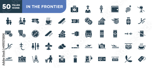 set of 50 filled in the frontier icons. editable glyph icons collection such as luggage checking, ors down, ors up, male and female toilet, no photography, use bin, phones not allowed vector