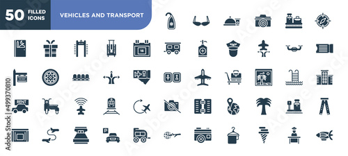 set of 50 filled vehicles and transport icons. editable glyph icons collection such as hang, calendar day 15, directions arrows, airport flight info, position, parking hotel, airport worker vector