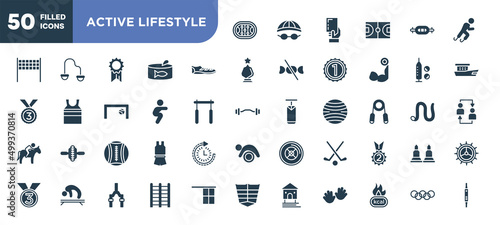 set of 50 filled active lifestyle icons. editable glyph icons collection such as hockey arena, soccer boots, squats, medicine ball, field hockey, trellis, rings vector illustration.