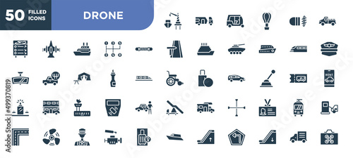 set of 50 filled drone icons. editable glyph icons collection such as harbor, damper, insect repellent, air traffic controller, cross wrench, car engine, mini truck vector illustration.