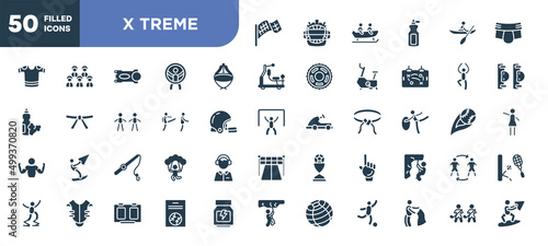 set of 50 filled x treme icons. editable glyph icons collection such as checkered flag, asian hat, disciple, fishing line, foam hand, baseball card, home team vector illustration.