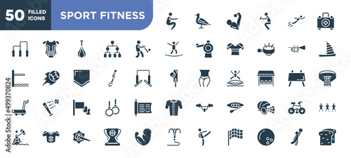 set of 50 filled sport fitness icons. editable glyph icons collection such as squat, batter, flyboard, red flag, canoeing, champ, team player vector illustration.