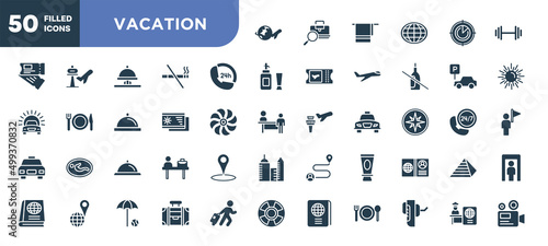 set of 50 filled vacation icons. editable glyph icons collection such as airplane travel around the world, 24 hours phone attention service, beach postcard, bell reception, skin sunscreen,