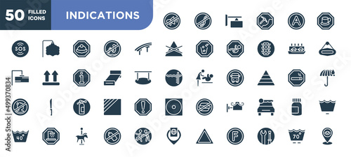 set of 50 filled indications icons. editable glyph icons collection such as no shouting allowed, flyover bridge, bed 3d view, fire estinguisher, decorative, no littering, 70 degrees maximun