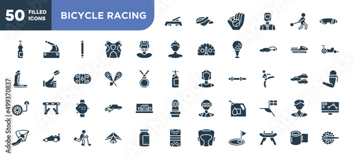 set of 50 filled bicycle racing icons. editable glyph icons collection such as fitness step, rugby player, lacrosse, dive computer, oil down, hang gliding, elastic handwraps vector illustration.