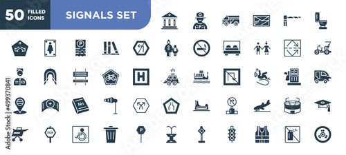 set of 50 filled signals set icons. editable glyph icons collection such as museum, no turn left, ecological bicycle transport, 3d dictionary, no turn right, trash, no can vector illustration.