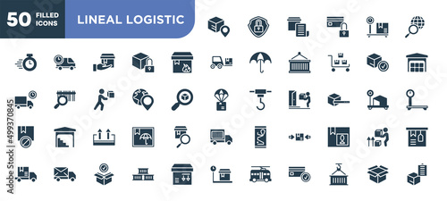 set of 50 filled lineal logistic icons. editable glyph icons collection such as track package, flammable package, worldwide pin, keep up, use clamps, containers, open pack vector illustration.