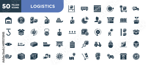 set of 50 filled logistics icons. editable glyph icons collection such as asrs, sea ship with containers, weight tool, cardboard box with packing tape, delivery courier, cash on delivery, cardboard