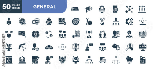set of 50 filled general icons. editable glyph icons collection such as digital product, add photos, crypto-exchange, impeachment, group opinion, hr manager, edge computing vector illustration.