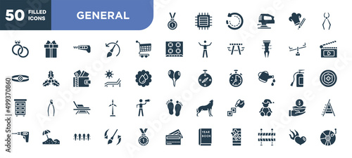 set of 50 filled general icons. editable glyph icons collection such as win, shopping trolley, deck chair under the sun, deckchair, live paint, history brush, heart in flames vector illustration.