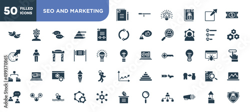 set of 50 filled seo and marketing icons. editable glyph icons collection such as copywriting, gap, road banner, web management, aerial advertising, configuration, upload folder vector illustration.