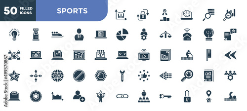 set of 50 filled sports icons. editable glyph icons collection such as analytic chart, online voting, graphical report, cdn, left dots arrow, hire, home address vector illustration.