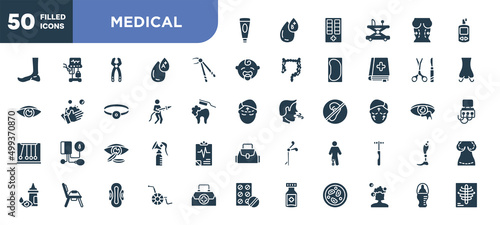 set of 50 filled medical icons. editable glyph icons collection such as facial foam, forcep, fireman, contact lens, prosthetic, handicap, baby bottle vector illustration.