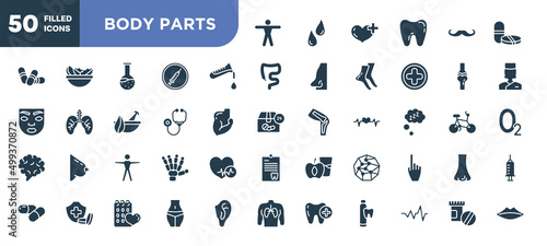 set of 50 filled body parts icons. editable glyph icons collection such as men, test tube, flask and drop of blood, stethoscope, human body standing, spheres connected by lines, female hips and