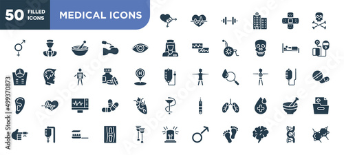 set of 50 filled medical icons icons. editable glyph icons collection such as united heterosexual, eye closeup, s, electrocardiogram on screen, lungs organ, x ray of bones, dna sequence vector