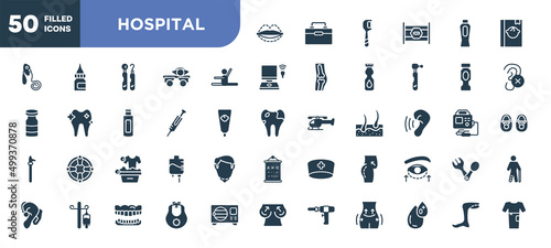 set of 50 filled hospital icons. editable glyph icons collection such as sil, stretch, syringe needle, washing clothes, butt, baby bib, legs vector illustration.