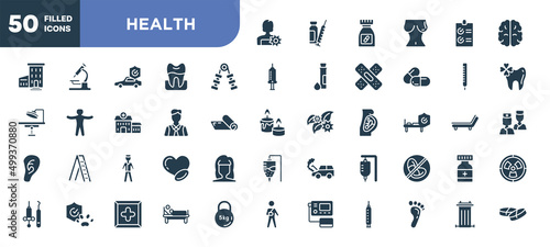set of 50 filled health icons. editable glyph icons collection such as woman with flower, hand grip, executive man, male surgeon wearing uniform, serum bag, patient in hospital bed, recycle bin