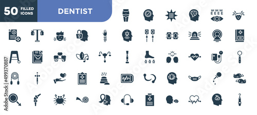 set of 50 filled dentist icons. editable glyph icons collection such as belly, splint, music therapy, medical care, peace of mind, medical tape, emotions vector illustration.