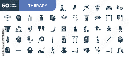 set of 50 filled therapy icons. editable glyph icons collection such as broken leg, psychologist, incisor, iv bag, medical records, stationary bike, lozenge vector illustration.