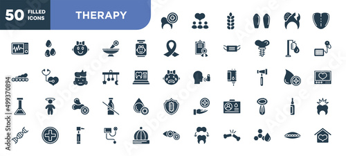 set of 50 filled therapy icons. editable glyph icons collection such as dental care, baby food, crib mobile, allergenic, blood donor card, blood pressure meter, soya vector illustration.