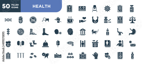 set of 50 filled health icons. editable glyph icons collection such as medical prescription, latex, urticaria, baby socks, medicine box, healthy tooth, handbook vector illustration.