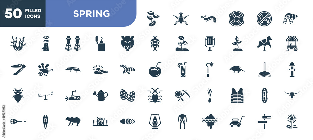 set of 50 filled spring icons. editable glyph icons collection such as beans, panther, cloudy, submarine, onion, underwater photography, road vector illustration. set of 50 filled spring icons. editable glyph icons collection such as beans, panther, cloudy, submarine, onion, underwater photography, road vector illustration.