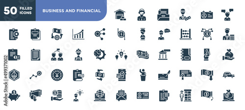 set of 50 filled business and financial icons. editable glyph icons collection such as wholesaler, coworking, miner, yen, cryptographic, opinion, refund vector illustration.