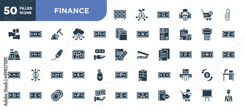 set of 50 filled finance icons. editable glyph icons collection such as lockers, forint, cork board, zloty, dollars, ruble, board stand vector illustration.