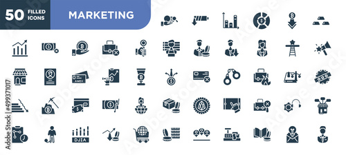 set of 50 filled marketing icons. editable glyph icons collection such as corruption, hand up, forecast, savings, touch screen, profit growth, adventageous offer vector illustration.