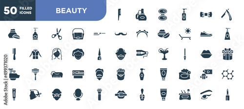 set of 50 filled beauty icons. editable glyph icons collection such as hairbrush, teeth brush, botox, hand comb, shaving cream, make up mirror, two eyeliners vector illustration.