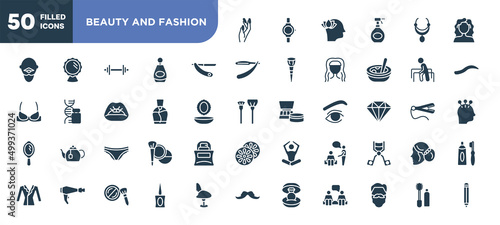 set of 50 filled beauty and fashion icons. editable glyph icons collection such as manicure, shave blade, small perfume bottle, panties, therapy, parfum bottle, flanges mascara vector illustration.