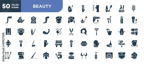 set of 50 filled beauty icons. editable glyph icons collection such as mascara, genioplasty, brachioplasty, rhinoplasty, oven mitt, mastopexy, pocket vector illustration.