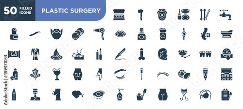 set of 50 filled plastic surgery icons. editable glyph icons collection such as eye shadow, hairdryer, aroma, margarita, eyelashes, hearts, curling hair vector illustration.