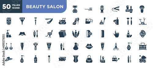 set of 50 filled beauty salon icons. editable glyph icons collection such as matte powder, cosmetic bag, beauty salon chair, electric shaver for women, cream tube, two hairpins, gloss vector