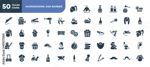 set of 50 filled hairdressing and barber icons. editable glyph icons collection such as ponytail hair, scissors cutting hair, hand mirror, hot tub, beard, essential oil, mustache shape vector