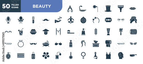 set of 50 filled beauty icons. editable glyph icons collection such as nail scissors, treatment, asian, facial hair, tissues, jasmine, dermathology vector illustration.