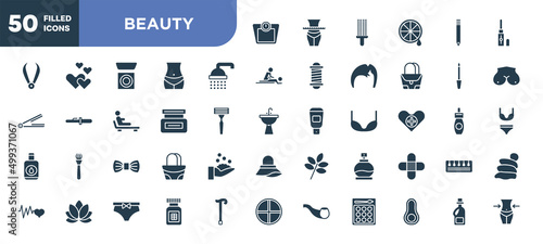 set of 50 filled beauty icons. editable glyph icons collection such as weighing scale, ba, hair cream, elegante, fragance, proteins, softener vector illustration.