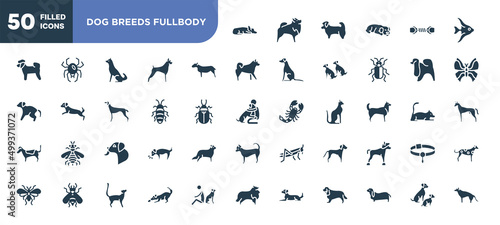 set of 50 filled dog breeds fullbody icons. editable glyph icons collection such as sad dog  bullterrier  madagascan  dog licking  springer spaniel  dogs playing  and doggie vector illustration.