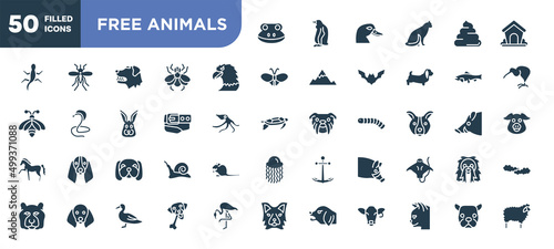 set of 50 filled free animals icons. editable glyph icons collection such as frog head, eagle head, belt and buckle, dog with chubby cheeks, hog head, chewing bone for dog, face of staring dog